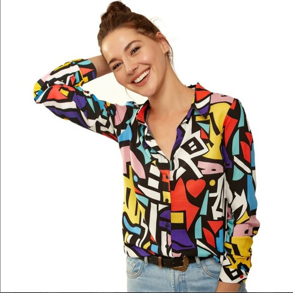 Abstract Mod Long Sleeve Blouse Cubist Color Block 60s 90s Style UK 18 US 14 - Picture 9 of 9